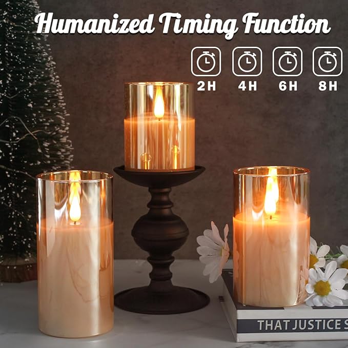 Rechargeable Flameless Candle, Flashing LED Pillar Real Wax Candle with Remote Control and Timer, Upgraded Teardrop Wick, Gold Glass Electronic Candle, 1 Set of 3