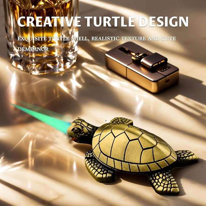 Torch Lighter for Men - Refillable Butane Lighter with Adjustable Jet Flame, Vintage Golden Turtle Design, Unique Desk Decor & Birthday Gift (No Butane Gas) (04)
