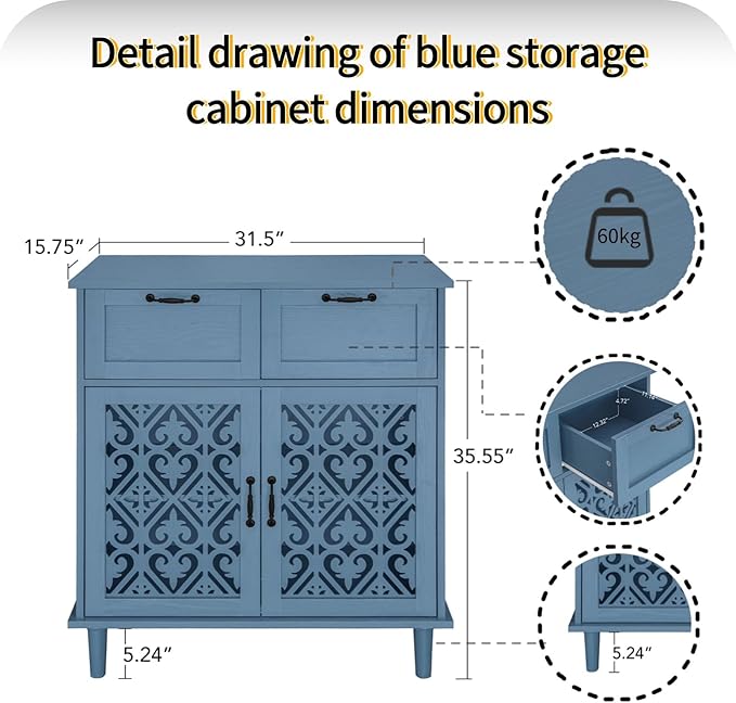 vistavie Blue Buffet Sideboard Cabinet with 2 Doors 2 Drawers - Accent Cabinet with Adjustable Shelves，31.5 Inch Wide Wood Storage Cabinets for Dining Room,Study Room and Kitchen