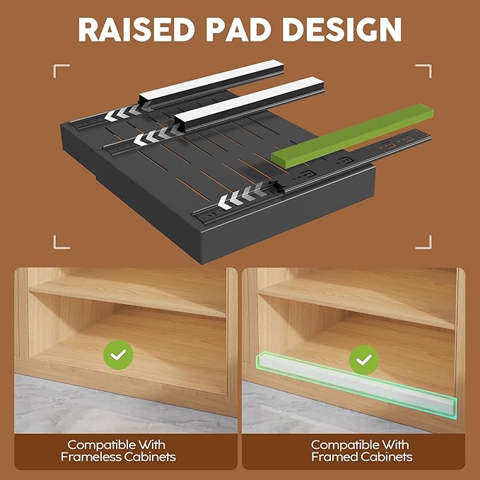 2 Pack Expandable Pull Out Cabinet Organizer 21"Deep With Raising Pad for Framed Cabinets,Upgrade 3 Slide Rails Slide Out Drawers,Roll Out Shelves Adhesive,Adjustable Width 15.15"-26.3" Black