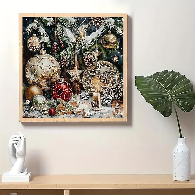Christmas Ball Candle Diamond Art Painting Kits for Adults, Winter Diamond Painting Kits for Adults Beginners, 5D DIY Full Drill Diamond Dot Gem Art Kits for Adult, Home Wall Decor 13.8x13.8 Inch
