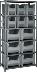 Quantum QSBU-600800GY Heavy Duty Shelving Unit with (6) Shelves (6) QGH600 and (6) QGH800 Gray Bins for Industrial Warehouse Storage | 400 lbs Load Capacity | 18"D x 36"L x 75"H, Gray Carbon Steel