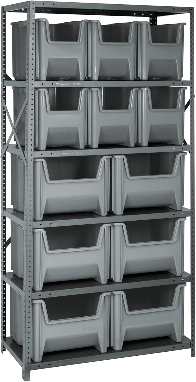 Quantum QSBU-600800GY Heavy Duty Shelving Unit with (6) Shelves (6) QGH600 and (6) QGH800 Gray Bins for Industrial Warehouse Storage | 400 lbs Load Capacity | 18"D x 36"L x 75"H, Gray Carbon Steel