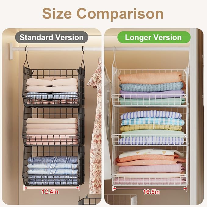 3 Tier Extra Large Closet Hanging Shelves with Divider, 16.5"L x 11.8"W x 33.6"H Closets Organizers and Storage with 5 S Hooks, Clothes Organizer for Sweaters Shoes Handbags Clutches Accessories-White