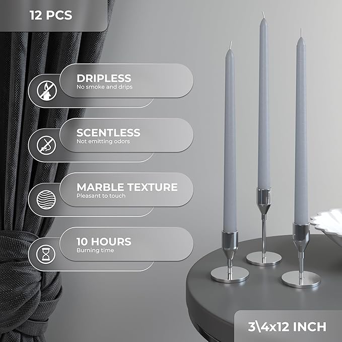 Candwax 12 inch Taper Candles Set of 12 - Dripless and Smokeless - Slow Burning Candle Sticks are Perfect As Thanksgiving Décor - Light Gray