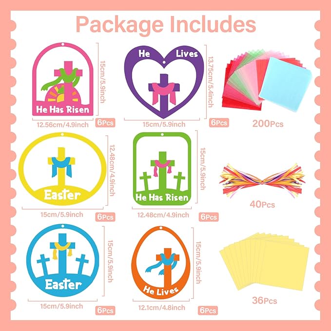 Qyeahkj 36 Set Easter Suncatchers Crafts for DIY Resurrection Church Window Tissue Paper Crafts Kit He is Risen Hanging Decor for Religious Cross Home Activity Art Project Favor Gift