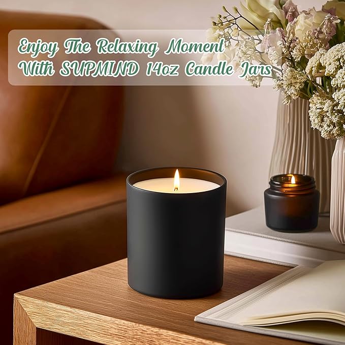 SUPMIND 12Pcs Candle Making Jars 14 fl.oz Black Empty Glass Jars Bulk with Bamboo Lids, Containers for Making Candles Vessels for Candle Business 12 14 fl.oz