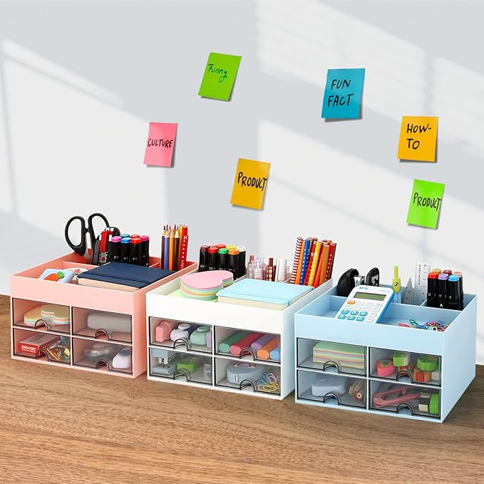 LETURE Office Desktop Organizer with Drawer, Stationary Organizer Desk Caddy, Pen/Pencil/Business Card/Sticky Note Tray/Paperclip Holder Storage Box (Blue)