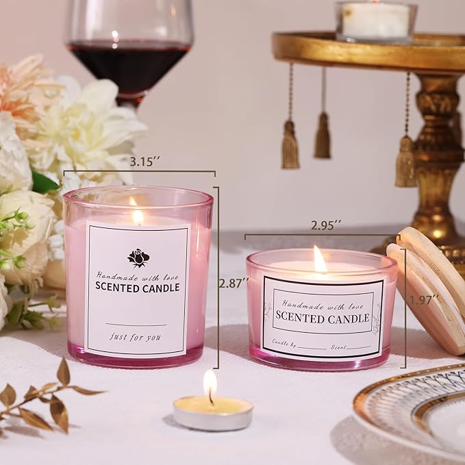 sunnyfuture 16 Pack Pink Candle Jars, 8pcs 7oz + 8pcs 4oz Candle Jars for Making Candles with Wooden Lids and Labels for DIY, Gifts, Home