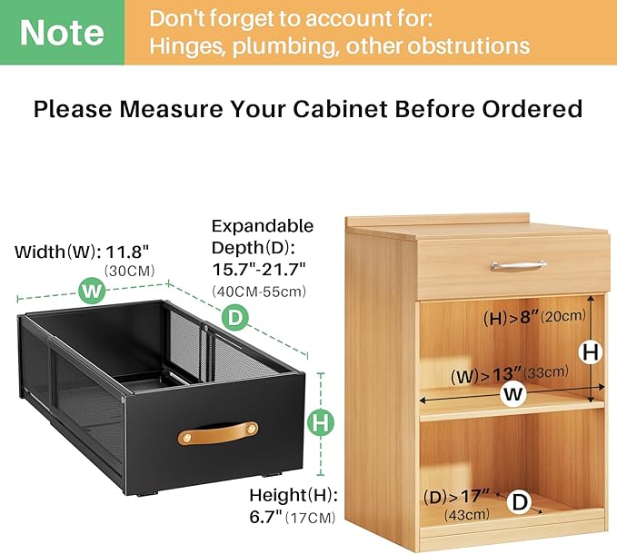 Pull out Cabinet Organizer, 2-Pack Expandable Depth(15.7"-21.7") with Raising Pad for Framed Cabinets, Heavy Duty Slide out Drawers,Roll Out Shelves for Kitchen, Pantry Organizers and Storage(Black)