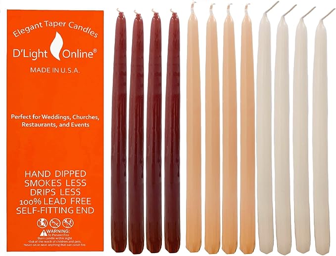 D'light Online Elegant Earth Tone Tapered Candles Premium Quality Unscented Candles Hand-Dipped, Dripless and Smokeless - Set of 12 (10 Inch, Cozy Cashmere)