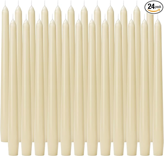 Taper Candles 10-Inch - Ivory Dripless Candlesticks Unscented Tall Cream Tapered Candles Smokeless Slow Burn 8 Hours Candle Sticks Paraffin Wax with Cotton Wicks for Wedding Dinner 24 Pack