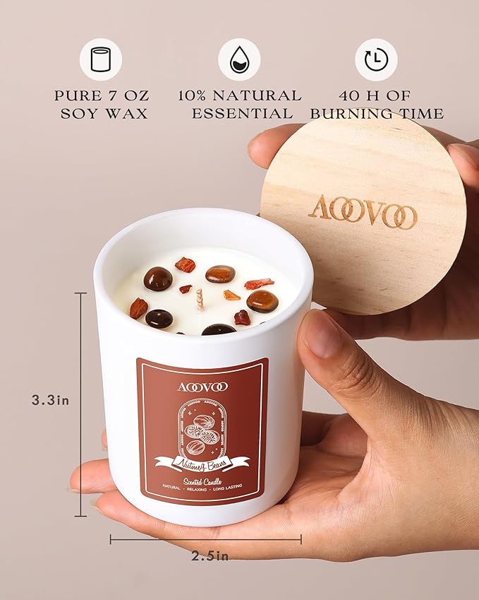 AOOVOO Nutmeg Beans Scented Candles for Women - Aromatherapy Candle with Crystals Inside, 7oz Soy Candles for Home Scented, Mothers Day Birthday Gifts Candle for Women Mom