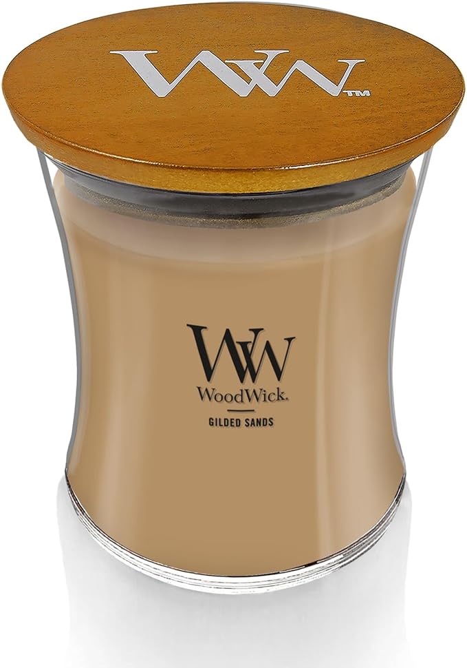 WoodWick Gilded Sands Scented, Medium Hourglass, Crackles as it Burns, Up to 50 hrs Burn time, Perfect for Gifting, 9.7oz