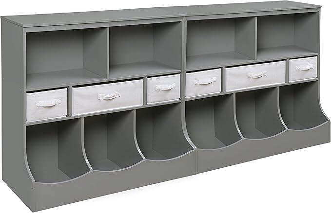 Badger Basket Combo Toy Storage Organizer and Bookshelf - Kids Storage Unit with 3 Removable Baskets, Open Shelves, Top Display Surface - Gray