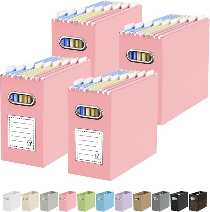 Oterri File Organizer Box, Portable Collapsible Cardboard File Folder Organizer with Handle for Letter Size Hanging Files, Document Storage Box for Home Office & Classroom (4 Packs, Pink)