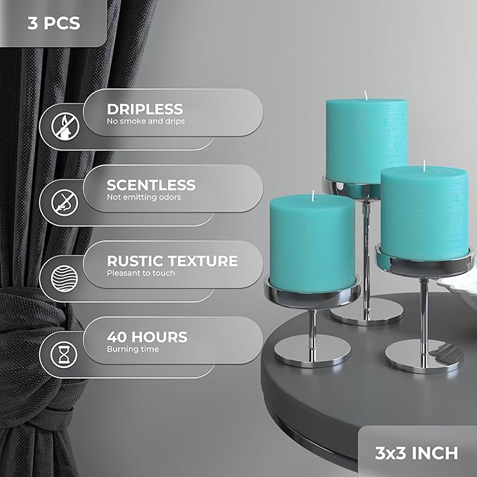 CANDWAX 3x3 Pillar Candles Set of 3 - Rustic Unscented No Drip Turquoise Candles for Home Decor, Weddings, Centerpieces