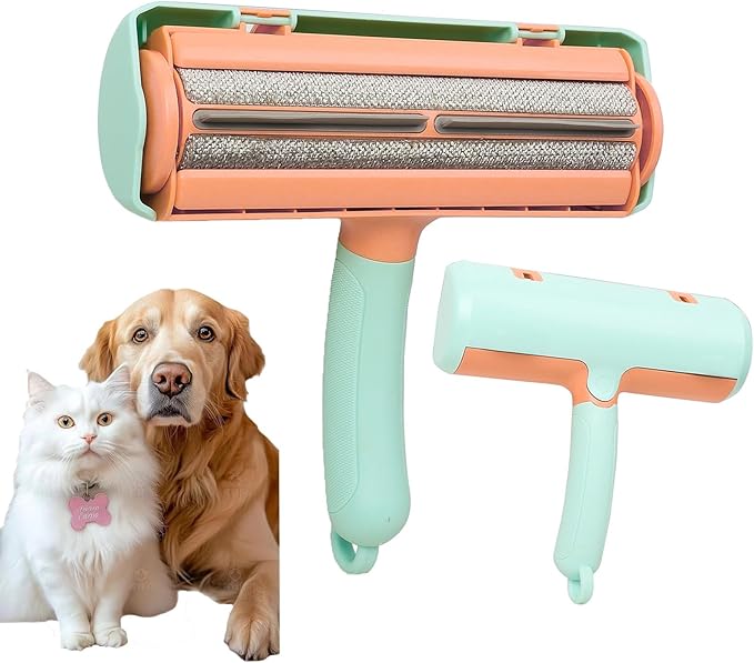 Pet Hair Remover & Lint Roller - Removes Cat/Dog Hair from Car Interiors, Furniture, Couches, Carpets, and Bedding - Reusable & Washable Animal Fur Removal Tool for Pet Owners (Green&Orange)