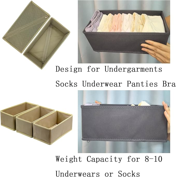 Sock Drawer Organizer 6 Pack - Collapsible Fabric Storage Bins for Underwear Divider, Small Closet Organizers with 6 Compartments, Khaki