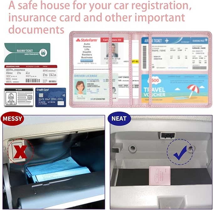 Car Registration and Insurance Holder, 5.5 x 5 Inch PU Leather Vehicle Glove Box Organizer Wallet Case Organizer for Insurance Card, Driver License, Essential Document, Paperwork