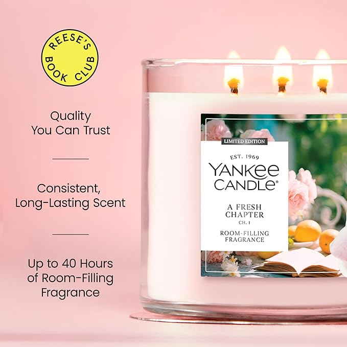 Yankee Candle x Reese’s Book Club, A Fresh Chapter, Spring Scented Candle, Bright Pomelo Scent, Blooming Rose Scent, 14.5oz 3-Wick Candle Jar with up to 40 Hours Burn Time, Giftable
