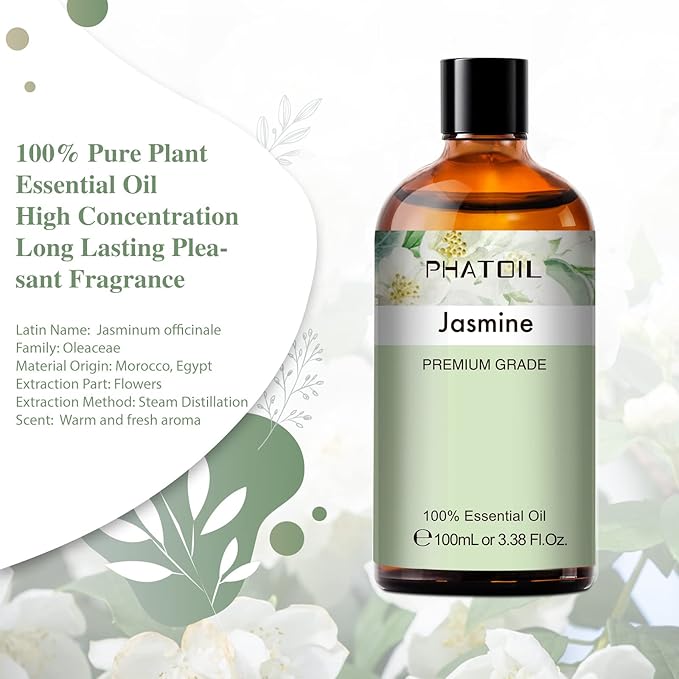 PHATOIL 3.38FL.OZ Jasmine Essential Oil with Glass Dropper, for Aromatherapy Diffusers, Humidifiers, Great for DIY Candle and Soap Making, Huge 100ML Bottle