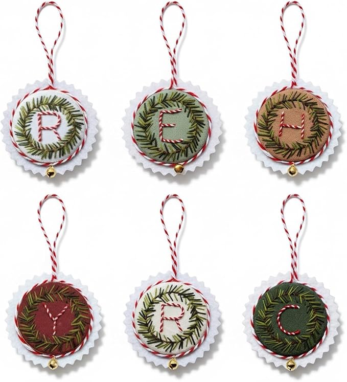 TenDawn Personalized Christmas Embroidery Ornament Kit, Set of 6 DIY Wreath Decorations with Customizable Letters – Handmade Holiday Ornaments for Tree & Gift – Rustic Christmas Decor