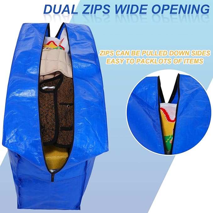 Windyun 4 Pack 75 Gallon Extra Large Moving Bags XXL Heavy Duty Storage Bag with Strong Zipper Handle Jumbo Big Tote Box Foldable for College Dorm Travel Clothes Duffle Blanket Pillow(Blue)