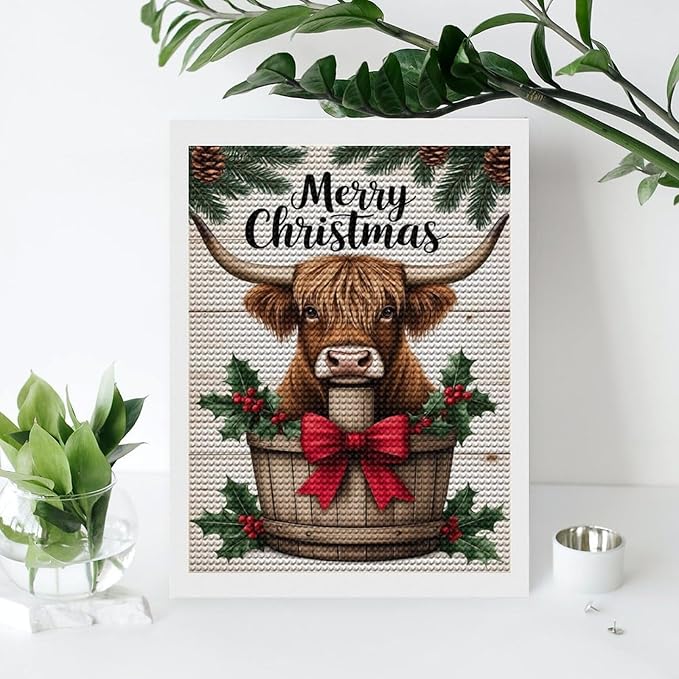 AIVKIEJK Diamond Painting Kits for Adults - Highland Cow Merry Christmas Painting DIY 5D Full Drill Diamond Dots Paintings with Diamonds Gem Art and Crafts Home Decor 12"x16"