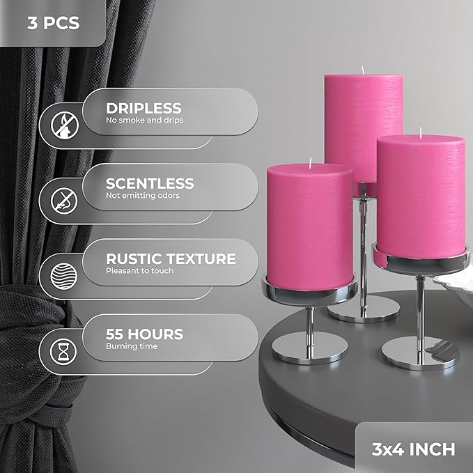CANDWAX 3x4 inch Pillar Candles Set of 3 – Unscented Dripless Rustic Hot Pink Candles for Wedding Tables, Parties, Gender Reveal Party