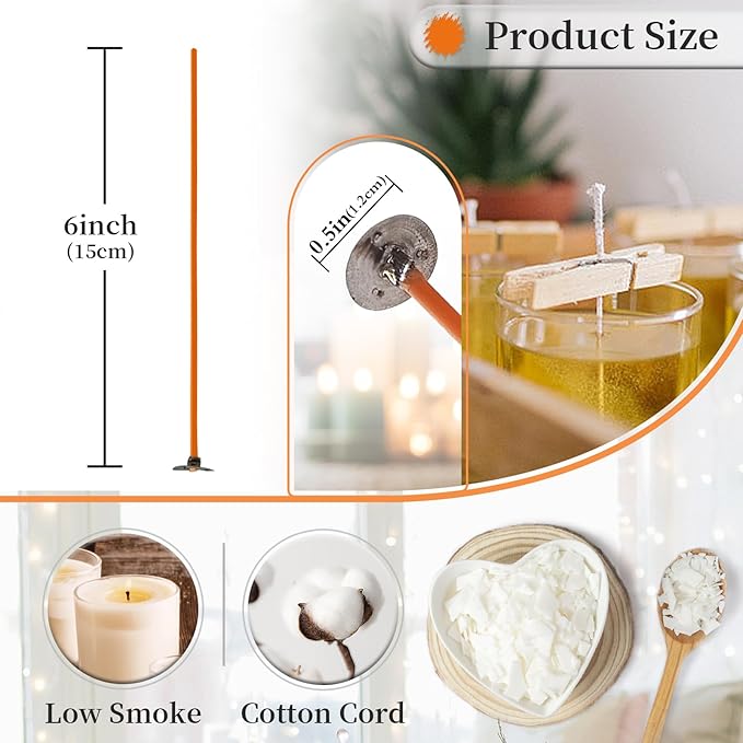 6-Inch Orange Cotton Candle Wicks 100-Pack - Pre-Waxed with Tabs for DIY Candle Making - Premium Candle Wick Supplies