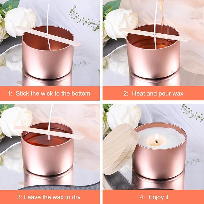 CONNOO 24 Pack Candle Tins, 12pcs 8 OZ & 12pcs 4 OZ Rose Gold Jars with Metal Wood-Grain Lids, Bulk Empty Containers for Candle Making, Wick Kit Included