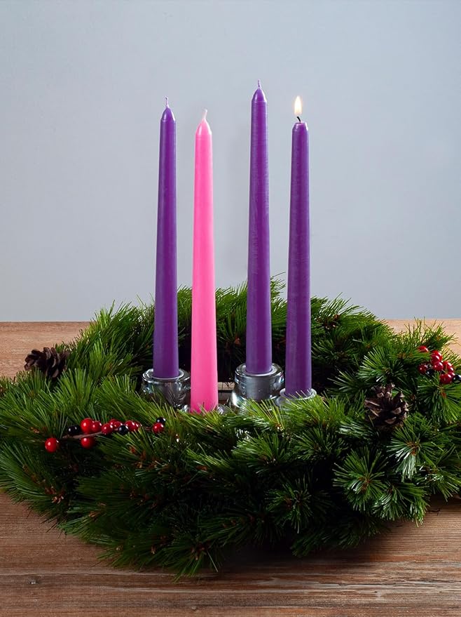 CANDWAX 12 Inch Advent Taper Candles Set of 4 - Long Burning Dripless Unscented Tapers - Perfect for Advent Wreaths, Christmas Décor - 3 Purple Tapers, 1 Pink Tapered Candle