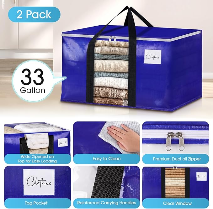 BlissTotes 2 Pack Moving Bags with Clear Window, Storage Bags with Strong Carrying Handles & Zippers,Large Packing Bags for Saving Space, Alternative to Moving Boxes(Blue,33 Gallon)