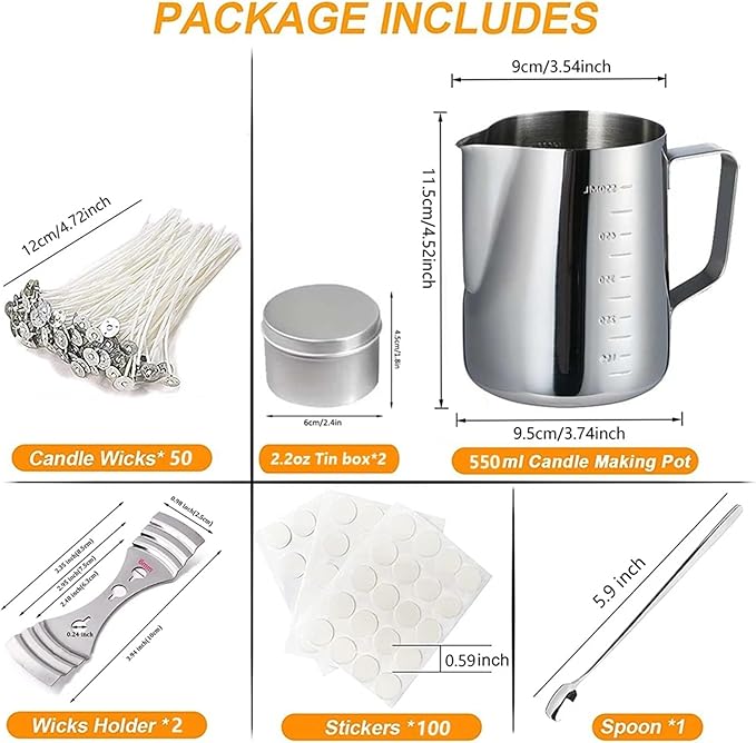 Yiodauh Candle Making Kit Complete Candle Making Kit Stainless Steel Pouring Jar Wicks Stickers and Holders for DIY Crafts and Gifts(550ml kit)