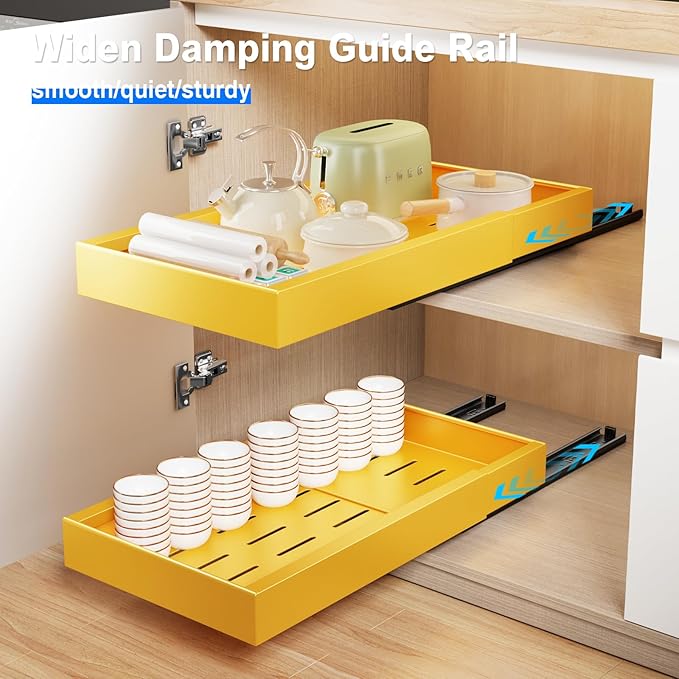 Mustorn 2 Pack Pull Out Cabinet Organizer,21.8" Deep Slide Out Drawer for Cabinets Adhesive Pull Out Drawers Heavy Duty Pull Out Shelves for Kitchen,Cupboard,Pantry,Bathroom-Yellow