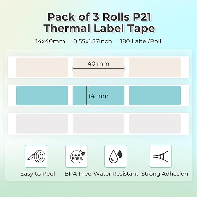 NELKO Genuine P21 Label Maker Tape, Adapted Label Print Paper, 14x40mm (0.55inx1.57in), Standard Laminated Labeling Replacement, Multipurpose of P21, 180 Tapes/Roll, 3-Roll, Grey/Brown/Green