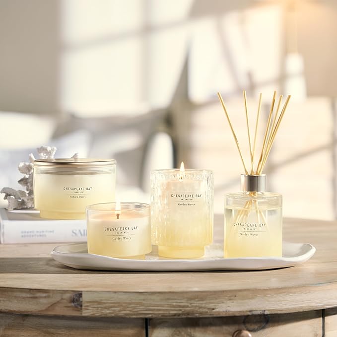 Chesapeake Bay, 11oz Golden Waves Scented Candle, Mood Evoking Fragrance, Textured Sea Glass-Inspired Jar, Premium Soy Blend Wax with Essential Oils, Coastal Fragrance for Home Décor or Gifting