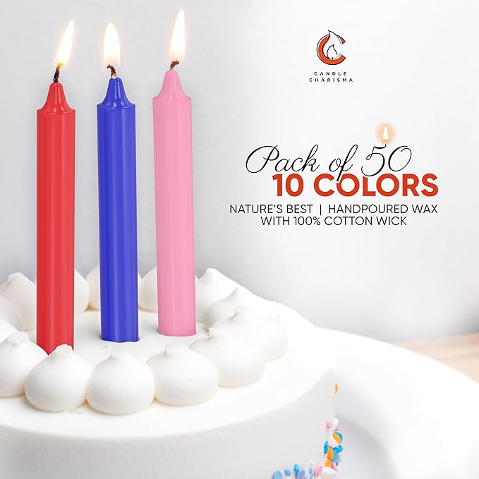 Candle Charisma 50 Multi-Colored Spell Candles - 4" Unscented Paraffin Chime Candles, Smokeless & Dripless, Colored Candles, 2 Hours Burn Time 1/2 Inch Taper Candles for Rituals,Birthdays and Parties