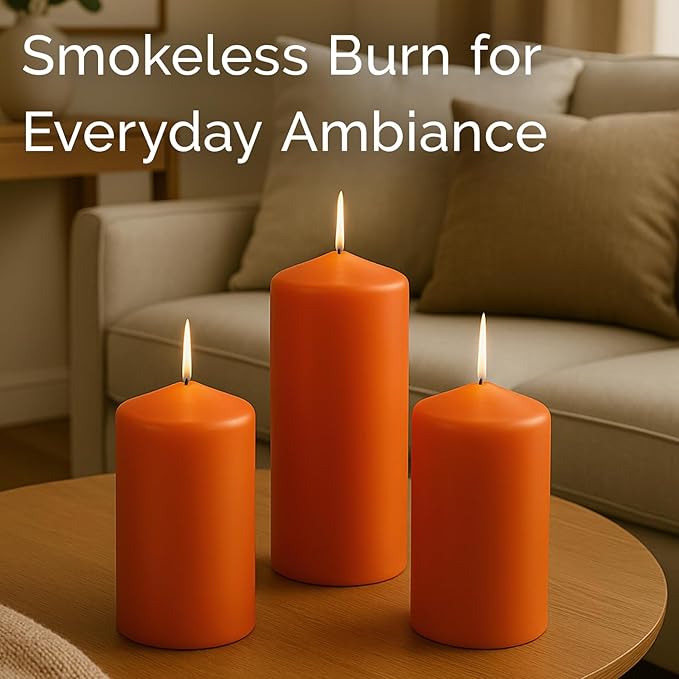 Stonebriar Unscented Pillar Candles – 80 Hour Burn Time, Long-Lasting Wax Candles for Weddings, Holidays, Home Décor & Special Events, Pack of 6, Orange, 3" x 8"