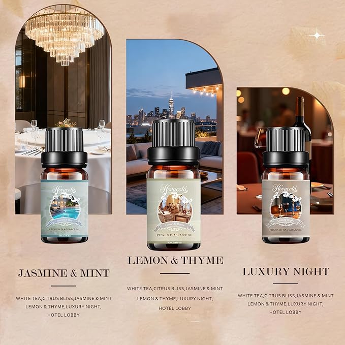 Essential Oil Set, Pure Essential Oils for Diffusers Home, Skin Care, Massage, Fragrance Oil Scents Including White Tea,Jasmine & Mint,Hotel Lobby,Citrus Bliss,Lemon & Thyme,Luxury Night