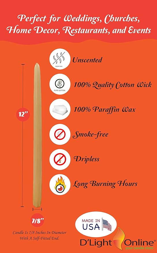 D'light Online Elegant 12" Unscented Colonial Ivory Taper Candles, Premium Quality Hand-Dipped Tapered Candles, Dripless and Smokeless - Set of 12 Individually Wrapped (12 Inch, Colonial Ivory)