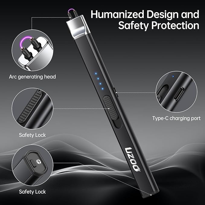2 PCS Long Lighter, Candle Lighters Electric Lighter, Rechargeable Arc with LED Display, Lighters for Candle Aromatherapy Camping BBQ Gas Stoves-Deep Black
