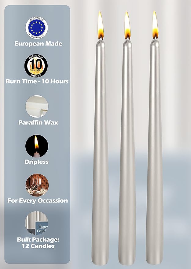 Hyoola Tall Taper Candles - 12 Inch - Metallic Titan - Dripless - 12 Pack - 10 Hour Burn Time