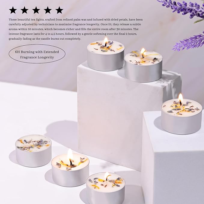 48 Pcs Lavender Scented Tealight Candles, 6H Long Burning - 100% Palm Wax Based Scented Tea Lights with Dried Flowers, Non-Toxic/Smokeless Scented Tea Lights Candles Bulk for Spa, Bath, Wedding