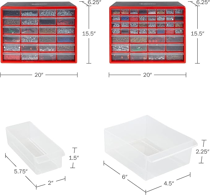 Set of Two Storage Bins with Drawers – Pair of 44 and 24 Drawer Desktop or Wall Mount Plastic Tool Organizers for Hardware or Crafts by Stalwart (Red)