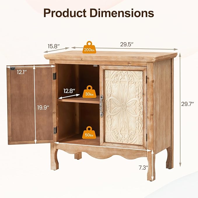 RoyalCraft Sideboard Buffet Kitchen Storage Cabinet, Solid Wood Credenza Accent Cabinet, Cupboard Console Table with 2 Craved Decorated Doors for Dining Room, Living Room, Hallway (Natural)