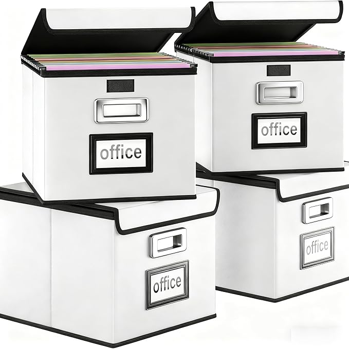 Huolewa Portable Leather File Organizer Boxes with Lids, Office Document Boxes Organizer, Filing Boxes, Decorative Small File Boxes for Hanging Files, File Cabinet for Office/Home - 4 Pack