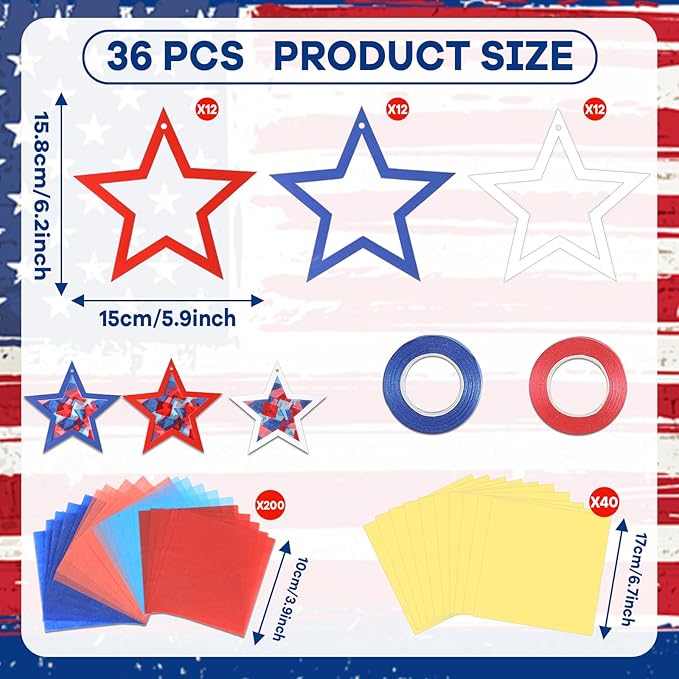 Qyeahkj 36 Set 4th of July Suncatchers Crafts for DIY Patriotic Star Window Tissue Paper Craft Kit Star Hanging Decor for Patriotic Home Activity Art Project Birthday Party Favor Gift