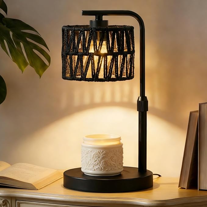 Candle Warmer Lamp, Timer Dimmable Candle Lamp, Adjustable Height and Brightness Candle Warmer, Black Boho Rattan Lampshade and 2 Bulbs, Suitable for Home Decor, Birthday Gifts for Women Mom